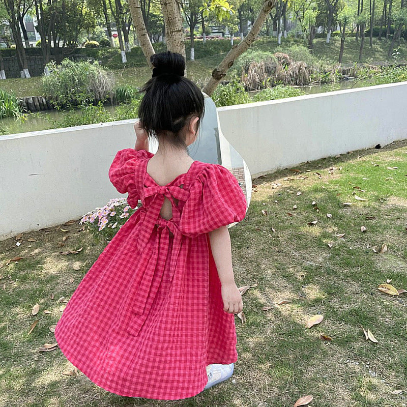Girls' Plaid Summer Dress Puff Sleeves