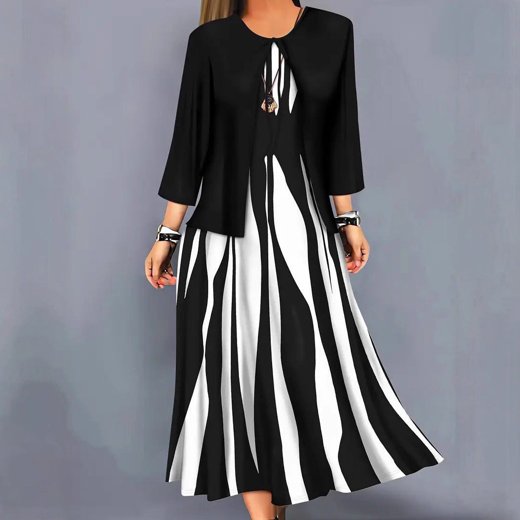 Geometric Print Plus Size Dress Long Sleeve Top Coat Long Skirt Two-piece Set