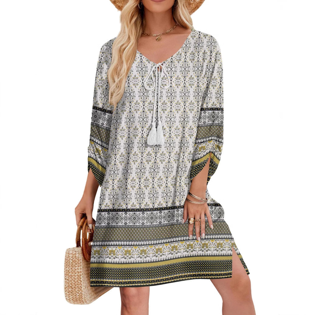 Women's Casual Bohemian V-Neck Tie-Dye Print Dress