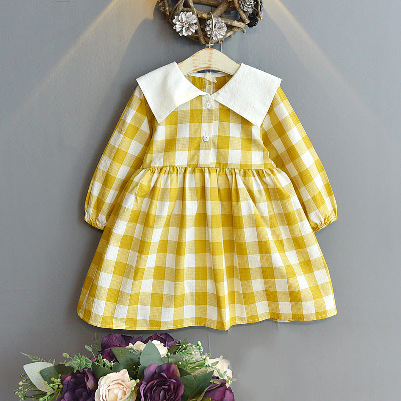 Baby Girl Big Collar Buttoned Plaid Long-sleeved Dress