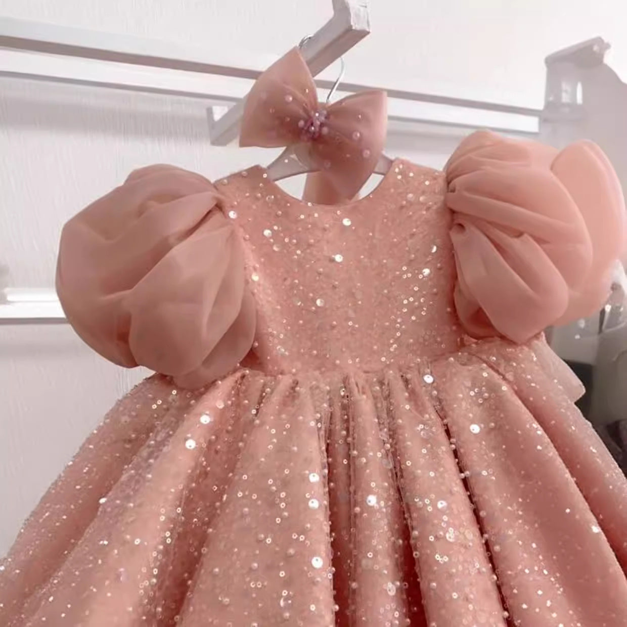 Children's Dress Sequined Big Puff Sleeve Western Style Flower Girl Baby Girl