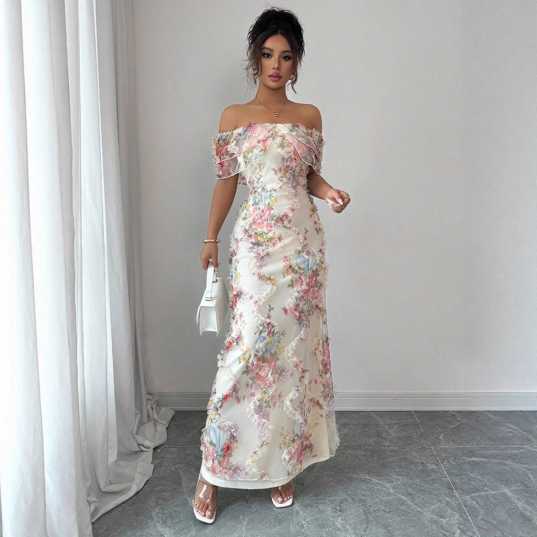 Women's Off-Shoulder Waist-Floral Mesh Dress