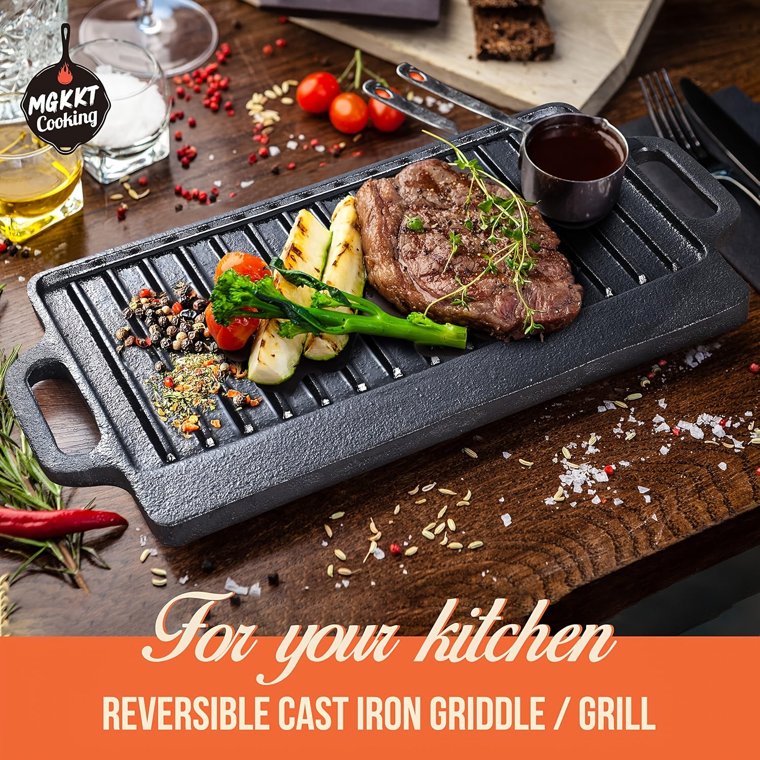 Heavy Duty Reversible Cast Iron Griddle Grill Pan - Double-Sided 21.25x9.44 Inch Single Burner Cookware with Smooth & Ridged Surfaces, Easy-Grip Handles for Stovetop, Oven, Campfire - Perfect for Pancakes, Steak, Burgers, Out