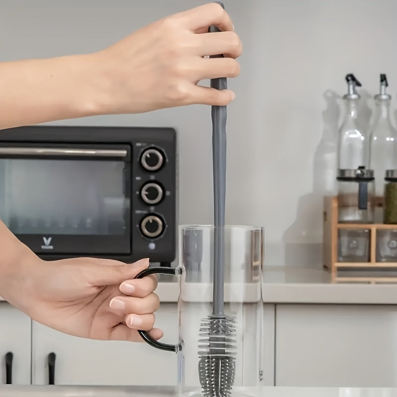 1pc Multi-Functional Long-Handled Rubber Brush for Cups & Bottles - Reusable Ergonomic Scrubber with Durable Bristles, Non-Electric Cleaning Tool for Kitchen, Bathroom, Car - Hygienic Design, Brush for Bottle, Kitchen Scrubbi