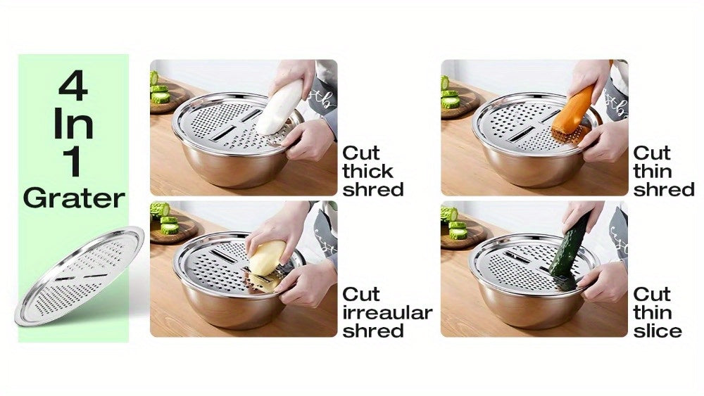 Heavy-Duty Stainless Steel 3-in-1 Vegetable Grater, Salad Maker & Drain Basket - Multi-Purpose Kitchen Tool with Cheese Grater, Salad Chopper, Drain Basin - Space-Saving Design for Home & Commercial Use - Easy to Clean & Rust