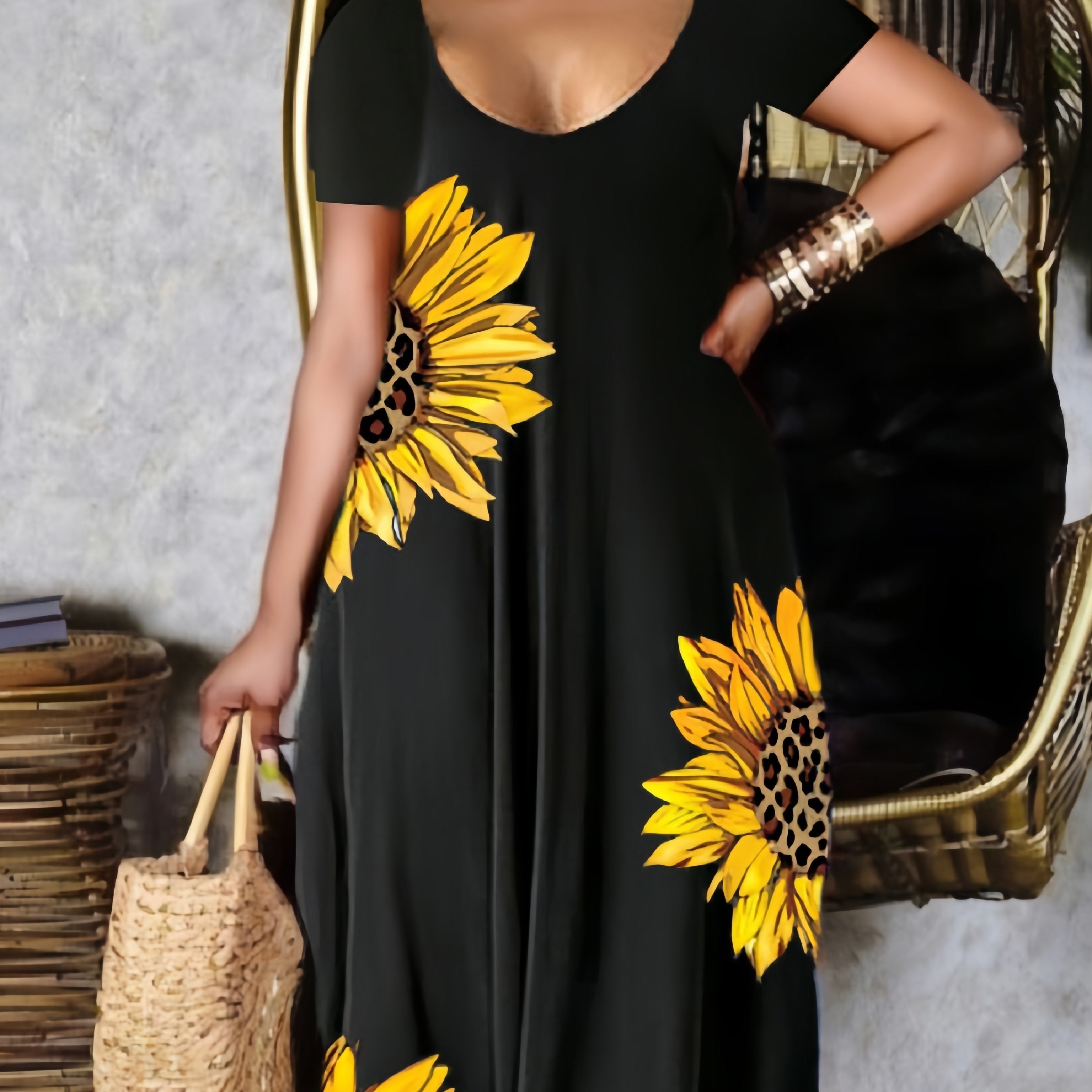 [Sunflower Print Dress] Sunflower Print Women's Dress | Casual Vacation Style, Round Neckline with Wide Opening, Loose Short Sleeve Maxi Skirt
