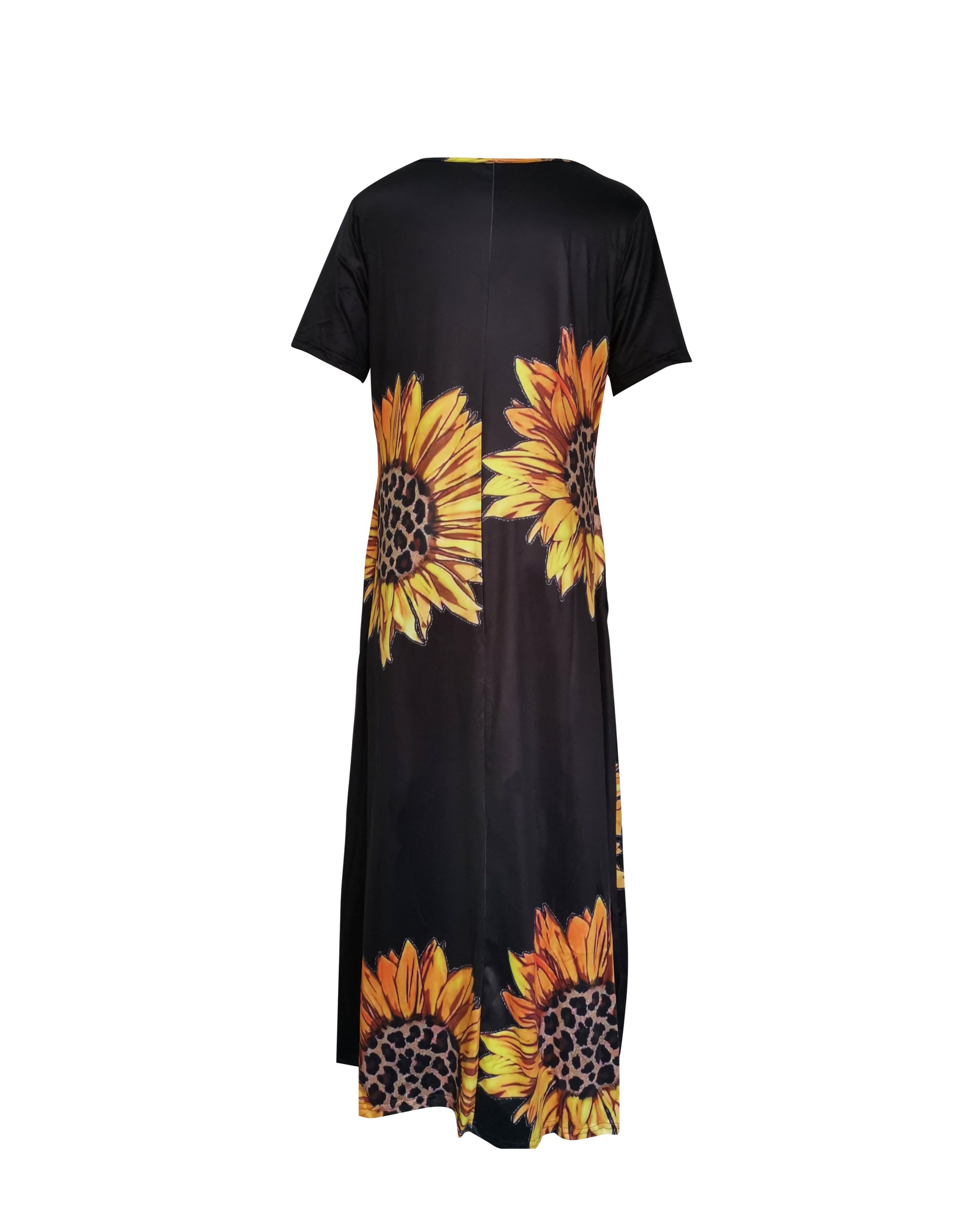 [Sunflower Print Dress] Sunflower Print Women's Dress | Casual Vacation Style, Round Neckline with Wide Opening, Loose Short Sleeve Maxi Skirt
