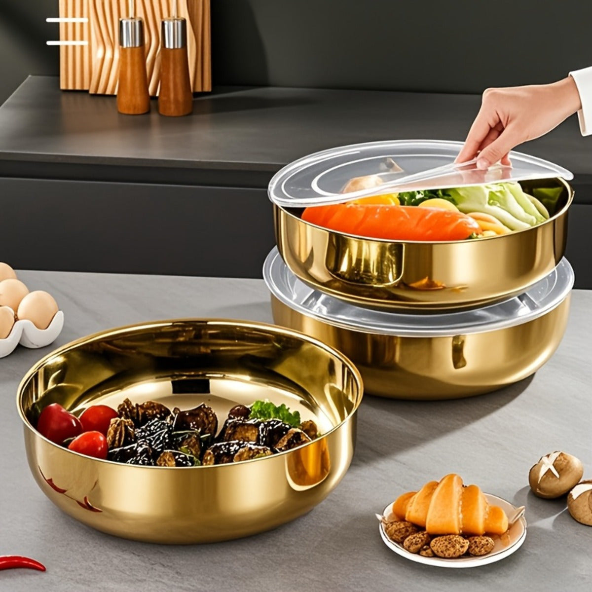Large Golden Stainless Steel Mixing Bowl with Lid - Rust-Proof, Deep & Wide Design for Kneading Dough, Noodles, Vegetable Cleaning, and Cooking Soup - Perfect for Multifunctional Kitchens, Soup Preparation | Elegant Kitchenwa