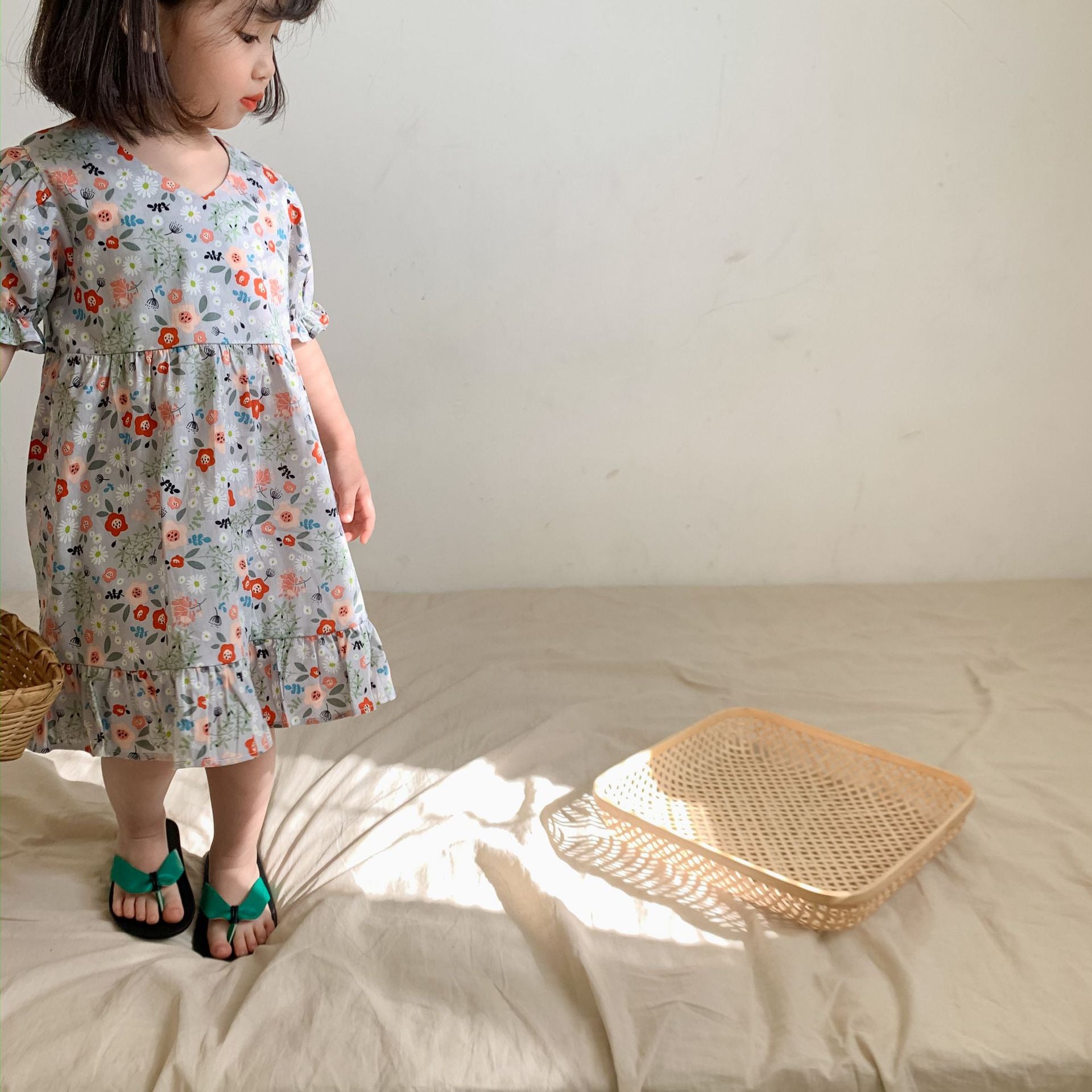 Girls Summer Short Sleeve Flower Print Dress