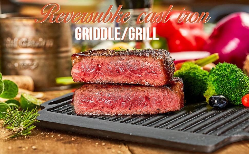Heavy Duty Reversible Cast Iron Griddle Grill Pan - Double-Sided 21.25x9.44 Inch Single Burner Cookware with Smooth & Ridged Surfaces, Easy-Grip Handles for Stovetop, Oven, Campfire - Perfect for Pancakes, Steak, Burgers, Out