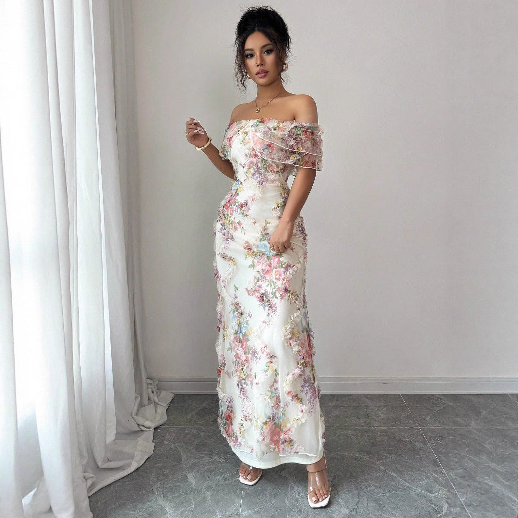 Women's Off-Shoulder Waist-Floral Mesh Dress