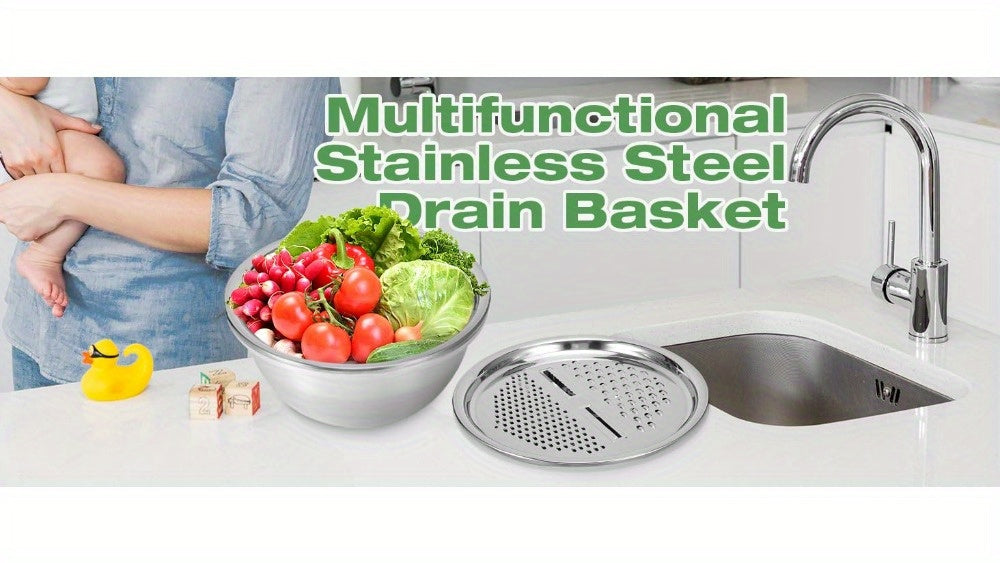 Heavy-Duty Stainless Steel 3-in-1 Vegetable Grater, Salad Maker & Drain Basket - Multi-Purpose Kitchen Tool with Cheese Grater, Salad Chopper, Drain Basin - Space-Saving Design for Home & Commercial Use - Easy to Clean & Rust