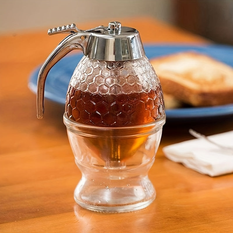 Honeycomb-Patterned Honey Dispenser with Metal Spout - Non-Spill Pouring, Space-Saving Kitchen Countertop Organizer - for Honey, Syrup, Sauce, Spices - Easy-Pour Design, Food-Safe Plastic Construction - Ideal for Home, Restau