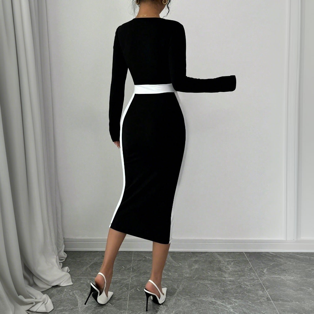 Women's Patchwork Color-block Sexy Long-sleeve Bodycon Dress