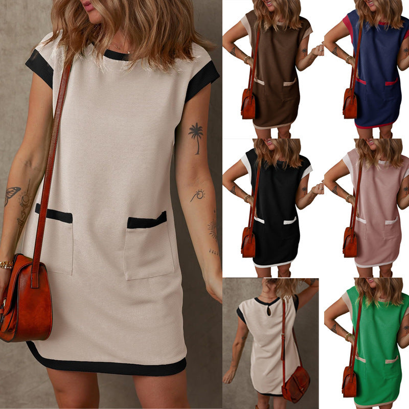 Women's Pullover Pocket Flap Sleeve Color-blocked Straight Dress