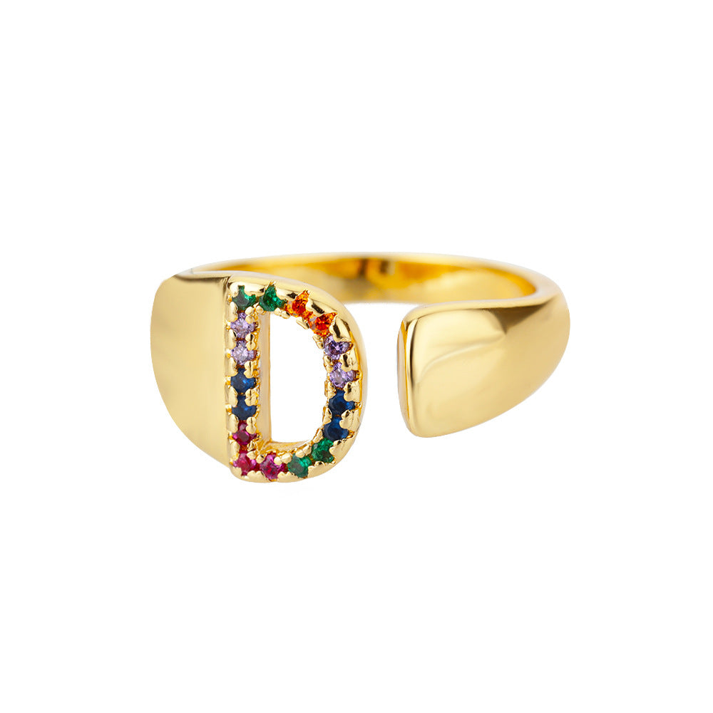 Fashion Micro-set Colored Zirconium 26 English Letters Adjustable Open Ring