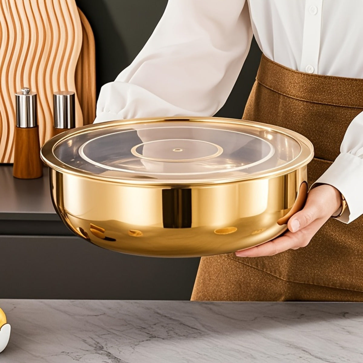 Large Golden Stainless Steel Mixing Bowl with Lid - Rust-Proof, Deep & Wide Design for Kneading Dough, Noodles, Vegetable Cleaning, and Cooking Soup - Perfect for Multifunctional Kitchens, Soup Preparation | Elegant Kitchenwa