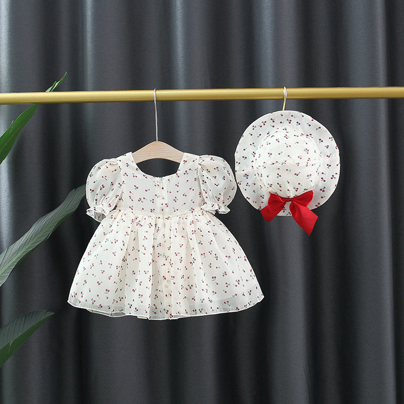 Baby Girl Cherry Princess Dress Puff Sleeve Bow