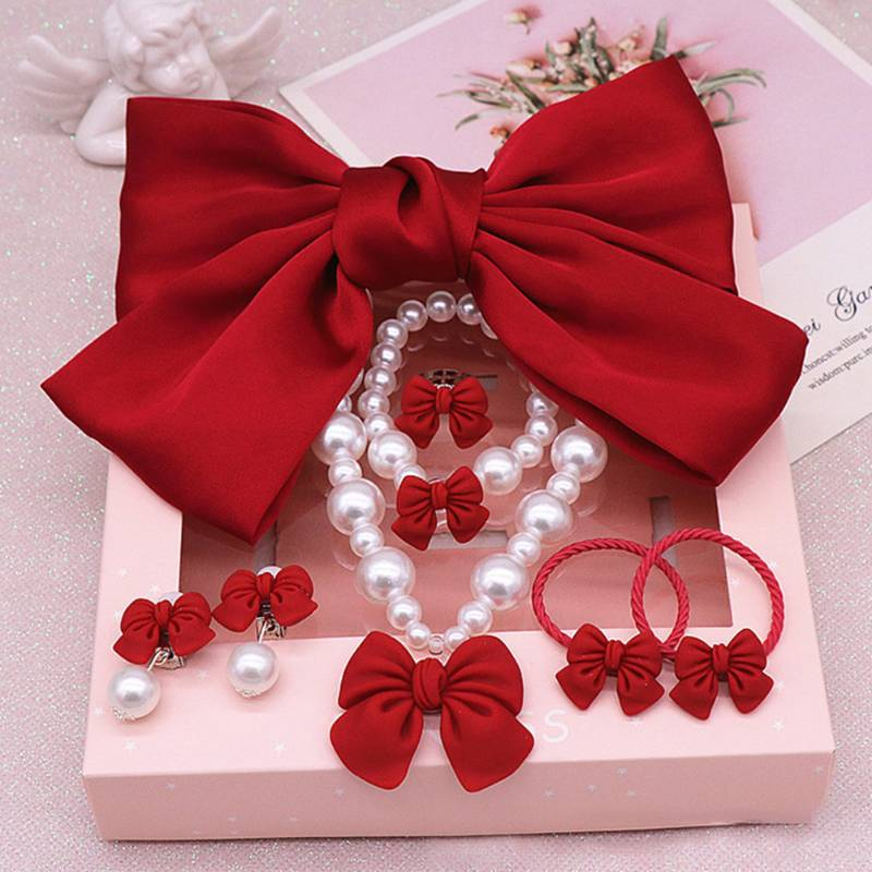 1 Set/7pcs Children Bowknot Hairpins Fashion Necklace Bracelet Ring Earring Set