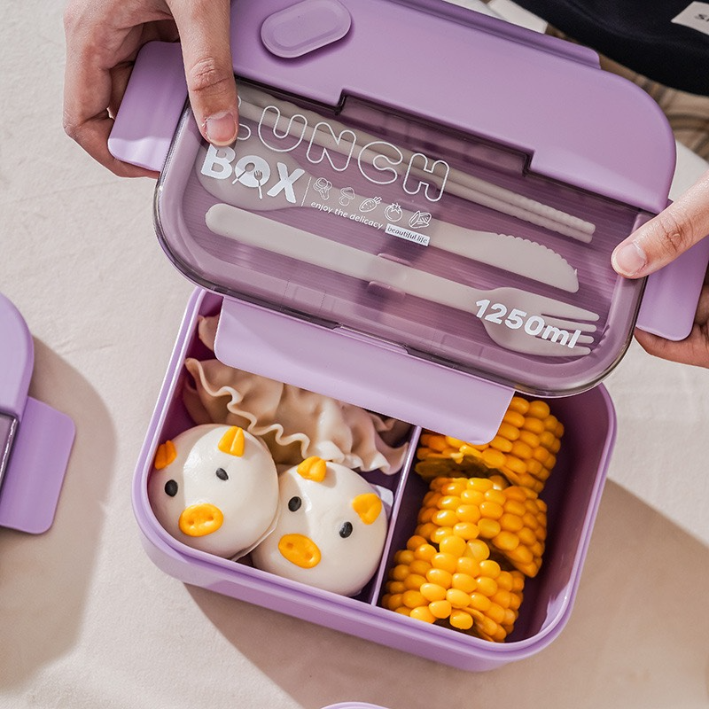 Microwaveable compartmented food-grade plastic lunch box portable fork and spoon 1200ml