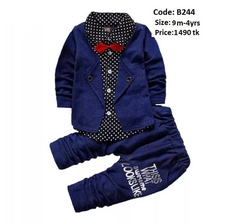 Stylish Navy Jacket Style Shirt With Bow And Pant Set