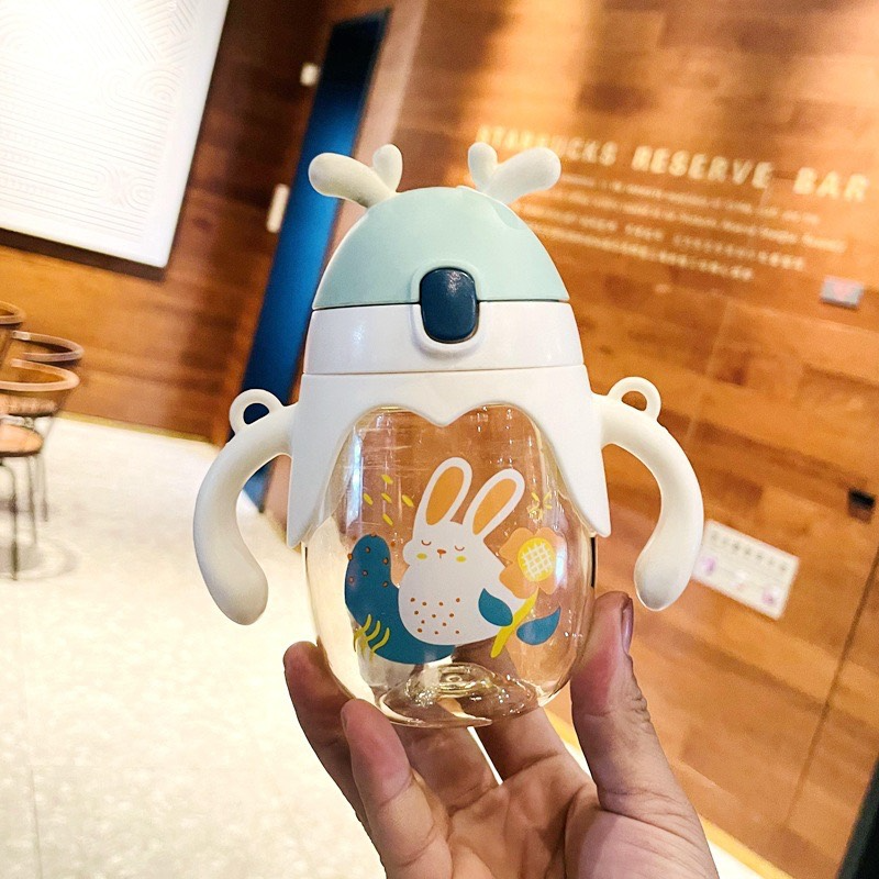 Cute baby cartoon bottle plastic learning cup with lid 350ml