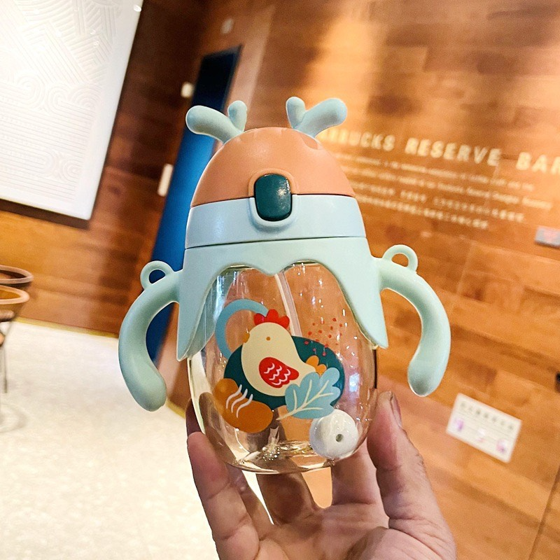 Cute baby cartoon bottle plastic learning cup with lid 350ml