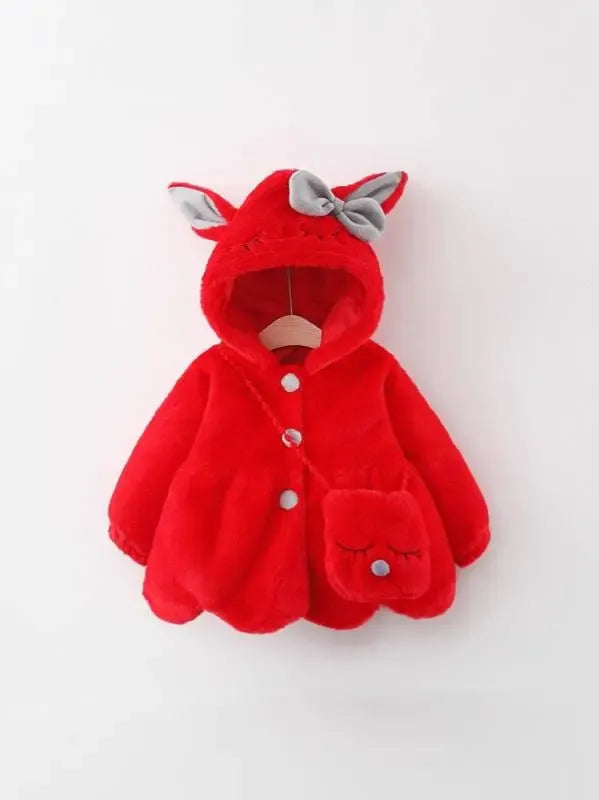 Winter New Children's Thick Cotton-padded Jacket, Girl's Big Rabbit Ear Fur Sweater Hooded Jacket, Bag Included