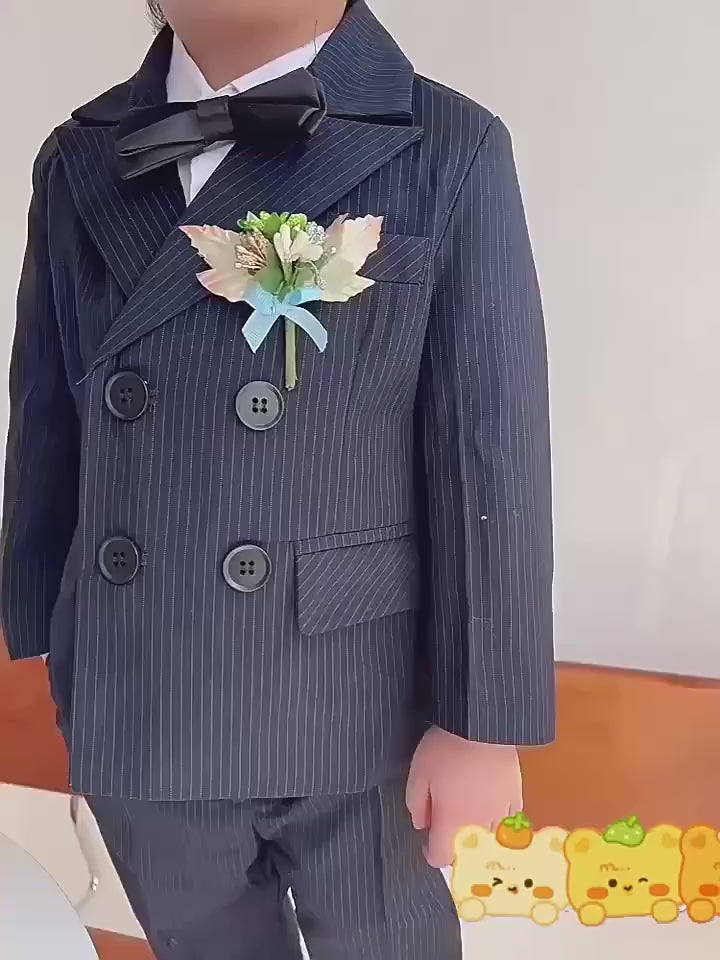Style Boys' Suit Set, Handsome British Style Boys' Little Suit,(Black suit + trousers + shirt with bow tie + boutonniere)